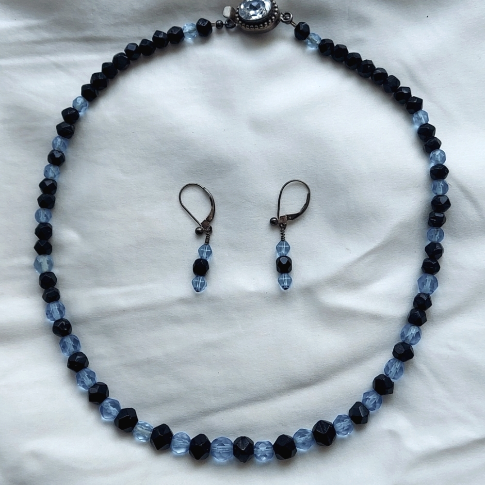 Vintage Choker 17.5" Onyx and light blue Swarovski Crystals, Earrings 1.5"drop